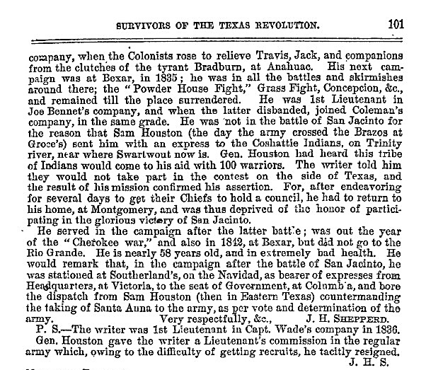 Jacob H. Shepperd in His Own Words Written for the 1872 Texas Almanac